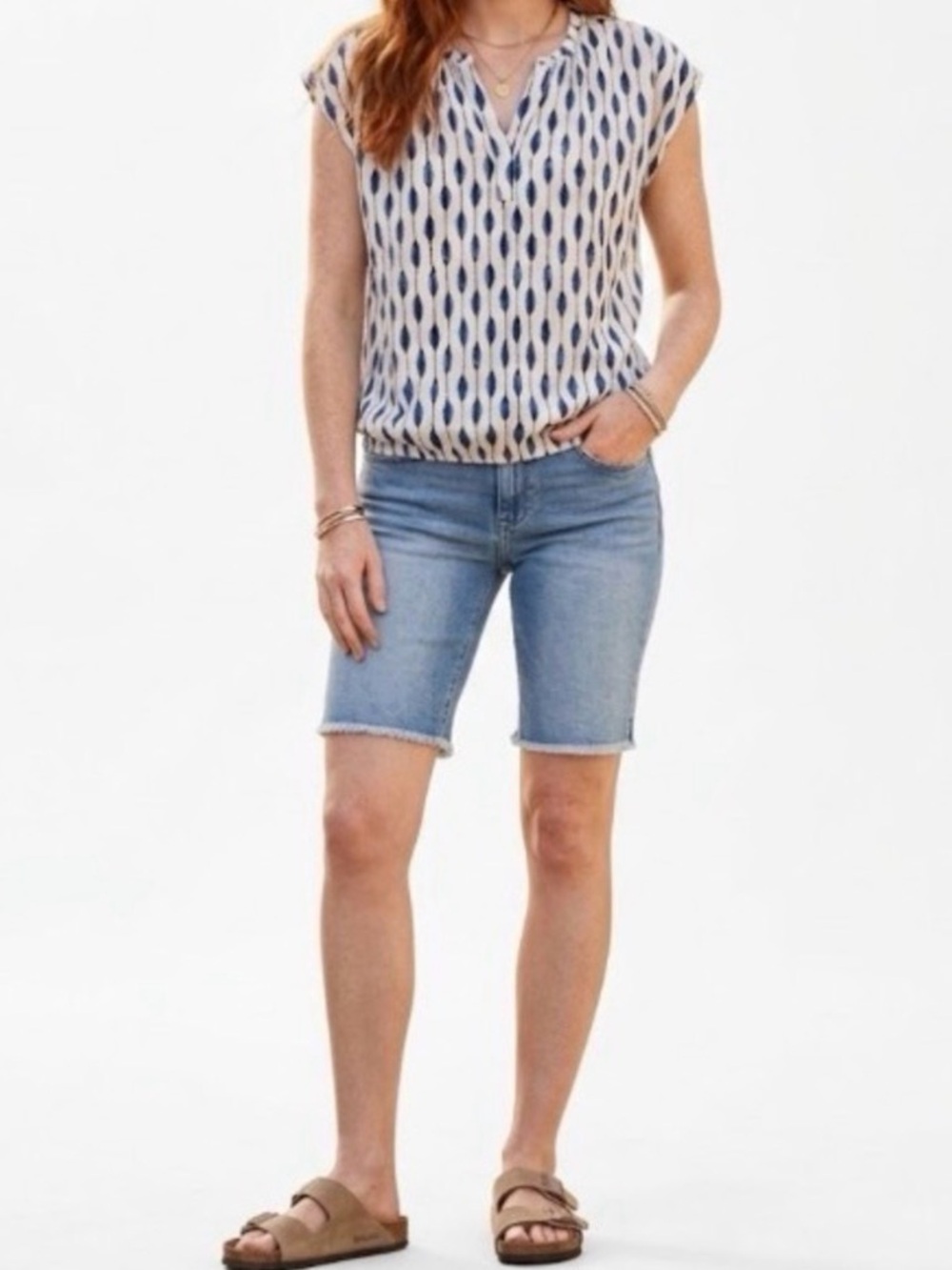 GARCIA Printed Sleveless Blouse Medium Cream Blue Relaxed Boho EUC